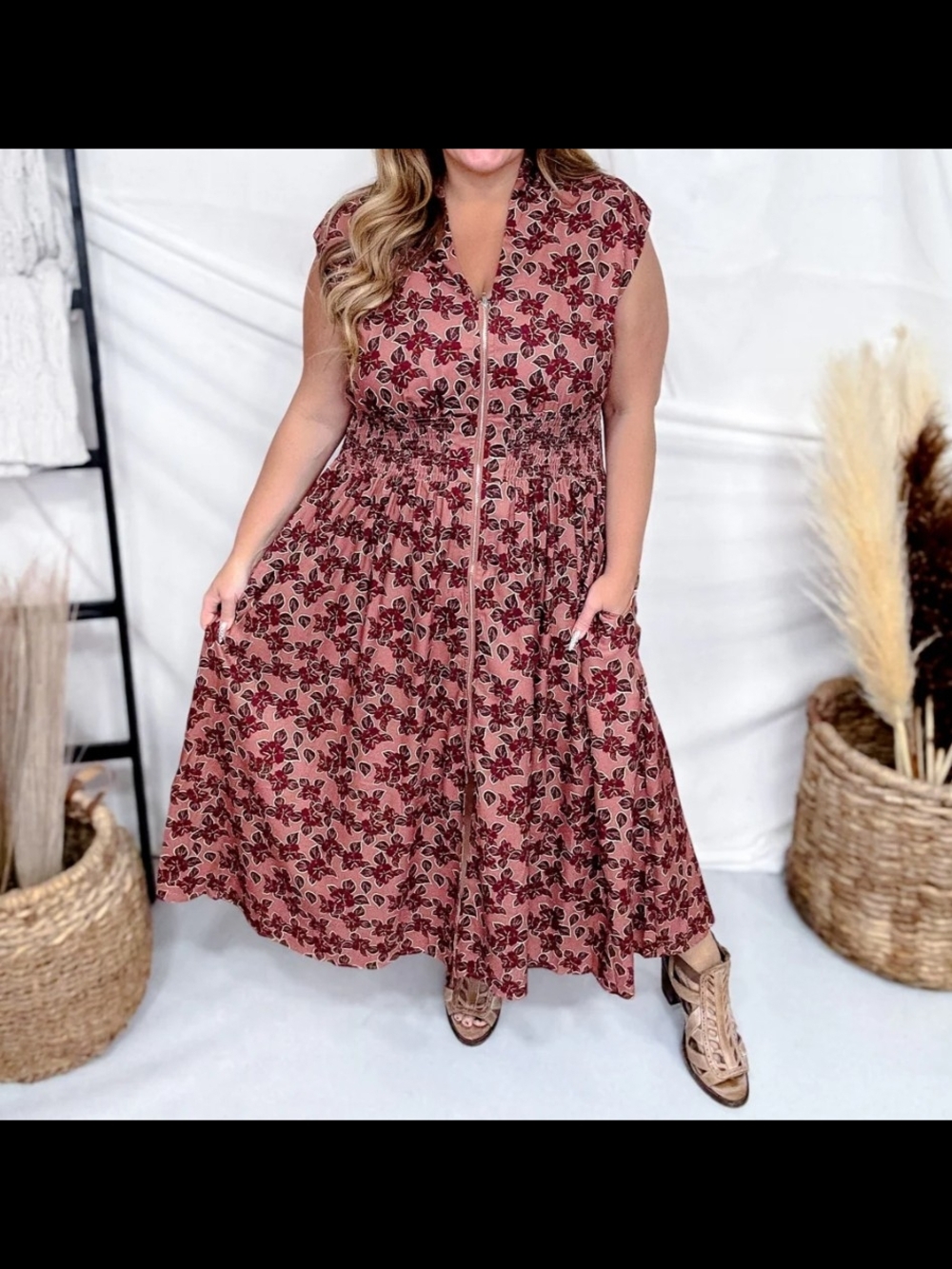She + Sky Dusty Rose Floral Zip-Front Maxi Dress